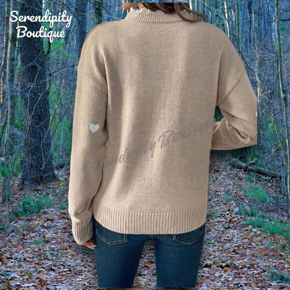 Boho Done Preppy Style Oversized Drop Shoulder Lace Accent Long Sleeve Sweater. - Picture 5 of 9